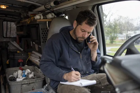 A plumber sitting in a work truck taking a customer call and writing the job details on a notepad