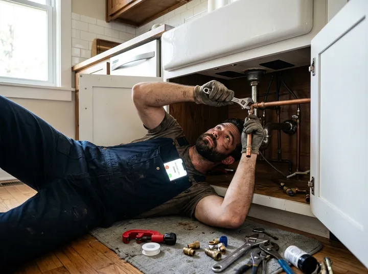 Plumber working while AI handles incoming phone call