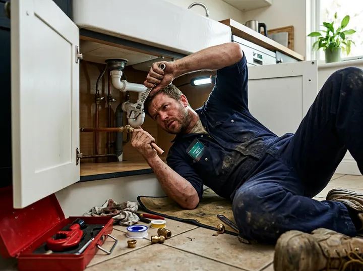 Plumber working while AI handles incoming phone call