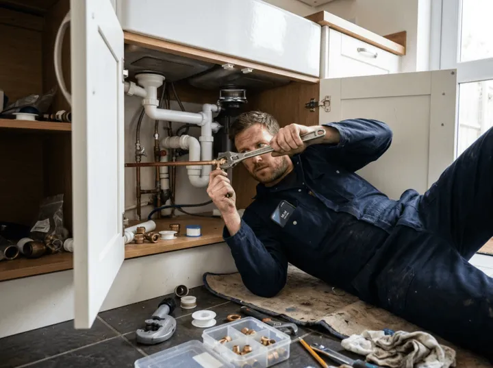 Plumber working while AI handles incoming phone call
