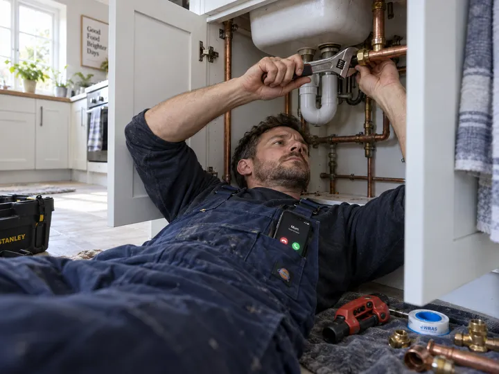 Plumber working while AI handles incoming phone call