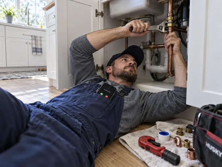 Plumber working while AI handles incoming phone call
