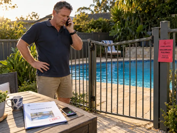 After-hours pool fencing compliance call being answered by AI phone service