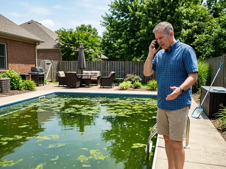 Homeowner urgently calling about green algae-filled pool