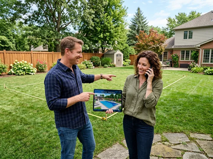 Homeowners inquiring about a new swimming pool installation