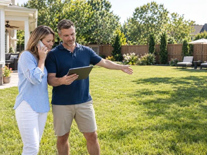Homeowners inquiring about a new swimming pool installation