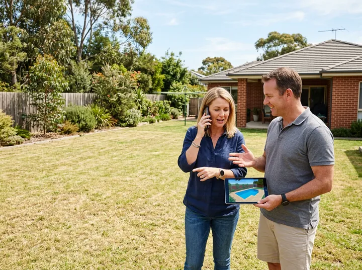 Homeowners enquiring about a new swimming pool installation