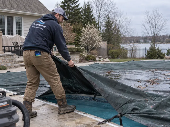 Pool technician busy with seasonal opening while AI handles calls