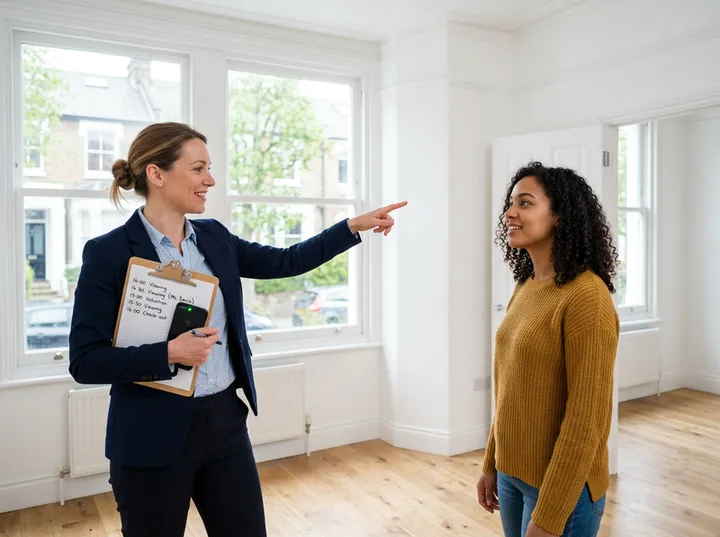 Property manager on move-in inspection while AI handles incoming call