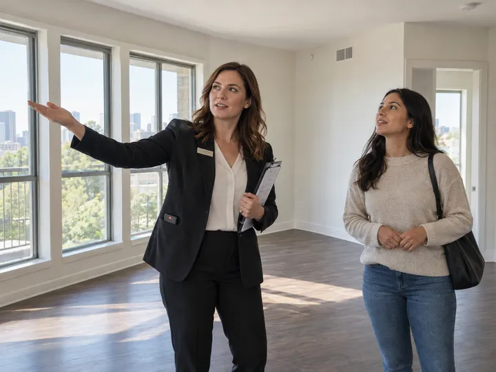 Property manager on move-in inspection while AI handles incoming call