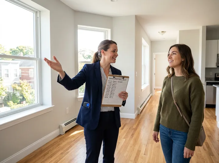 Property manager on move-in inspection while AI handles incoming call