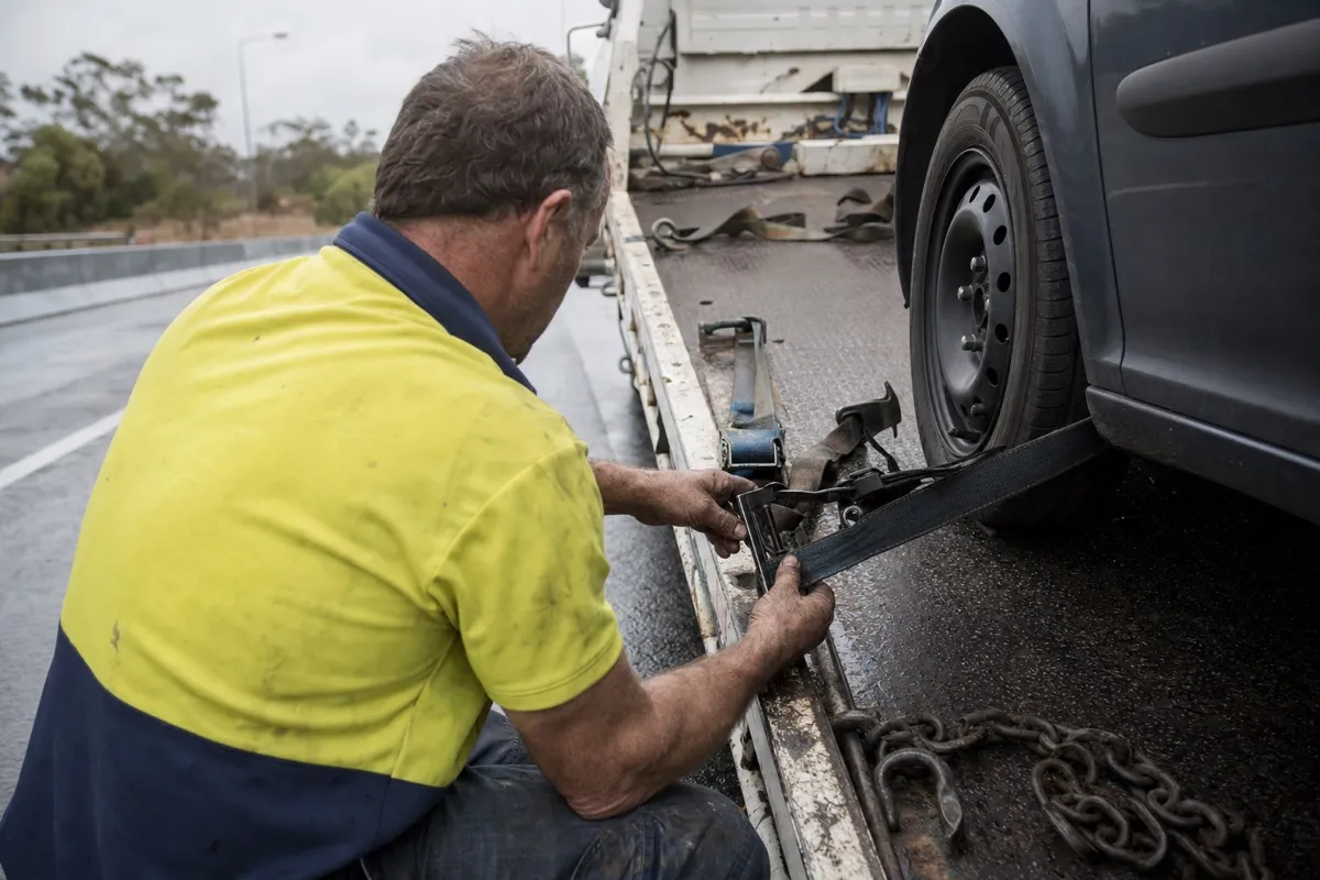 A recovery operator ratchets a strap over the front wheel of a broken-down car loaded on a flatbed tow truck at the roadside, the kind of contract towing work that keeps the truck busy.