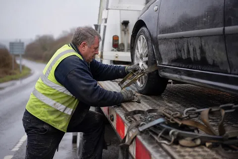 A recovery operator ratchets a strap over the front wheel of a broken-down car loaded on a flatbed tow truck at the roadside, the kind of contract towing work that keeps the truck busy.