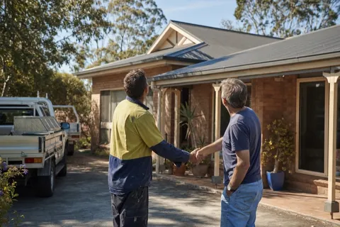 A roofer shaking hands with a homeowner at the front of a house after discussing the roof.