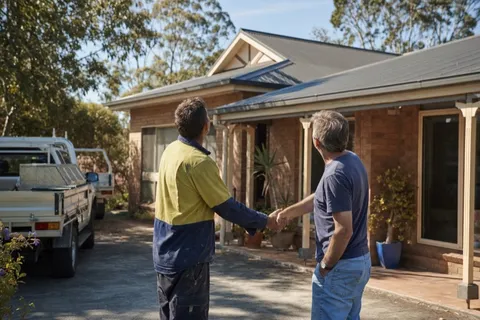 A roofer shaking hands with a homeowner at the front of a house after discussing the roof.