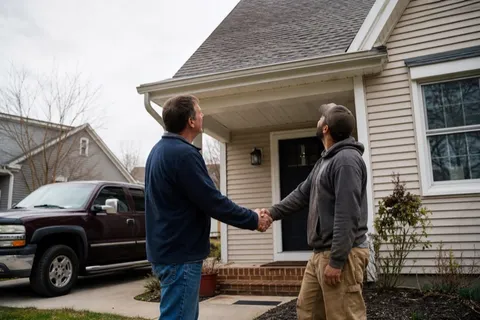 A roofer shaking hands with a homeowner at the front of a house after discussing the roof.