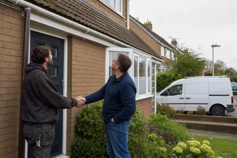A roofer shaking hands with a homeowner at the front of a house after discussing the roof.