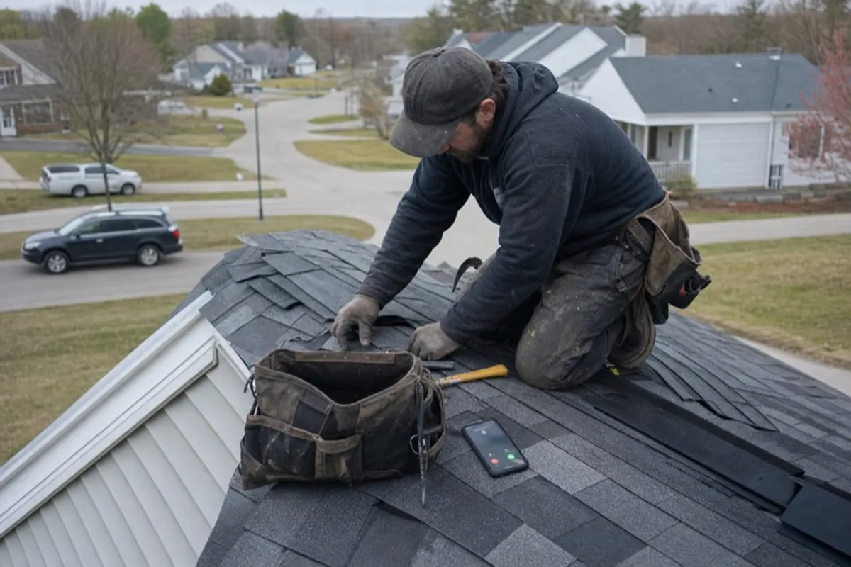 A roofer working on a residential roof while their phone rings unanswered beside their tool bag.
