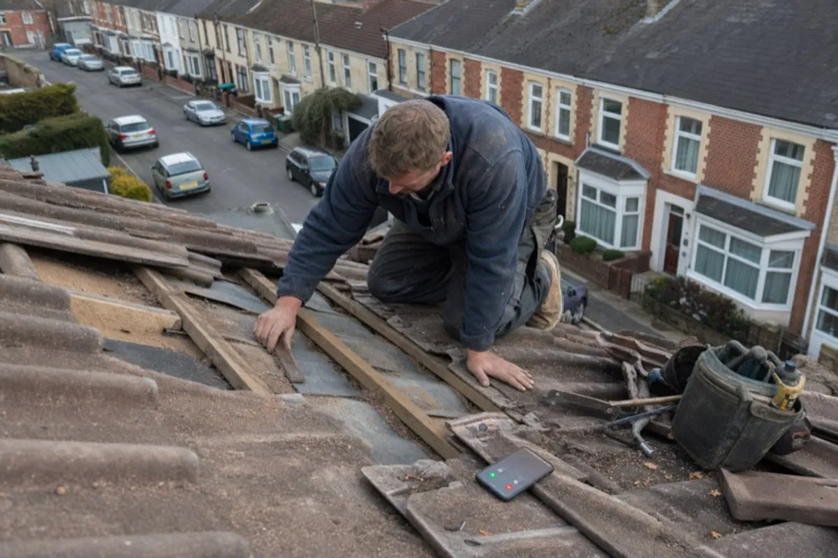 A roofer working on a residential roof while their phone rings unanswered beside their tool bag.