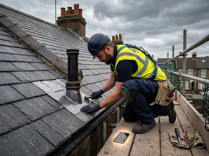 Roofer unable to answer phone while pressing lead flashing on scaffold