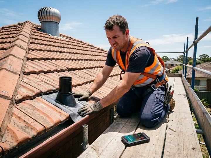 Roofer unable to answer phone while replacing Colorbond sheets on a roof