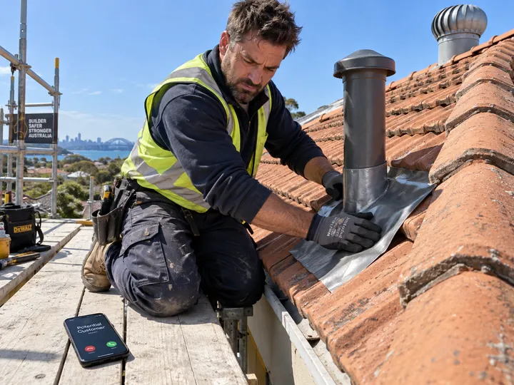 Roofer unable to answer phone while replacing Colorbond sheets on a roof
