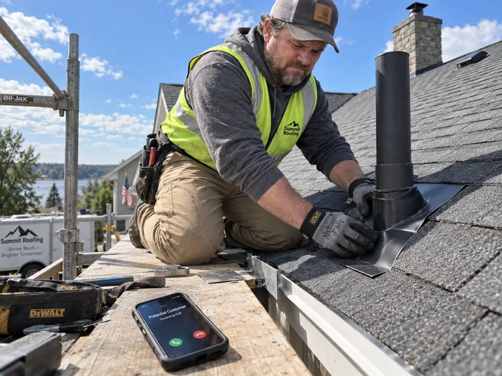 Roofer unable to answer phone while replacing shingles on a roof
