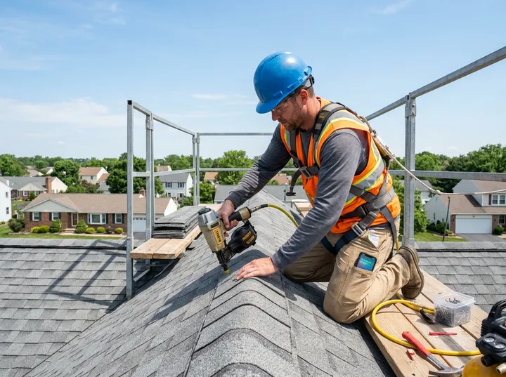 Roofer tearing off shingles while AI handles incoming phone call