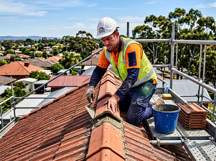 Roofer working on Colorbond roof while AI handles incoming phone call