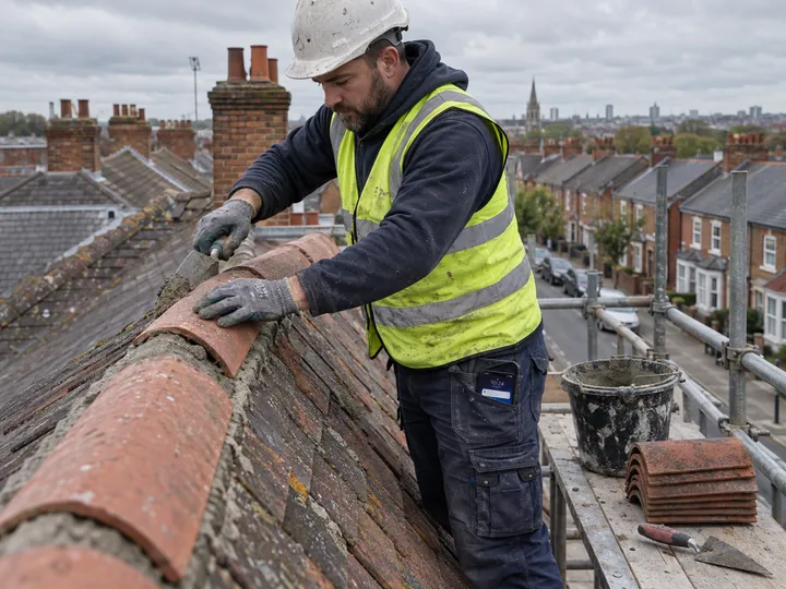 Roofer working on chimney flashing while AI handles incoming phone call