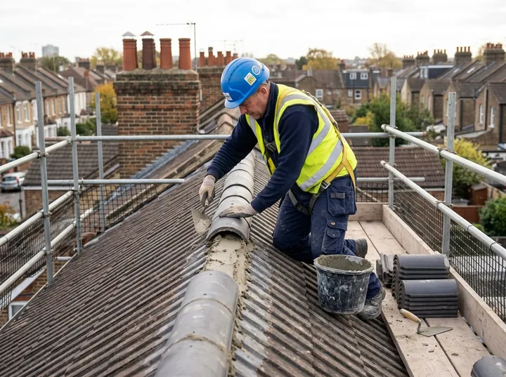 Roofer working on ridge tiles while AI handles incoming phone call