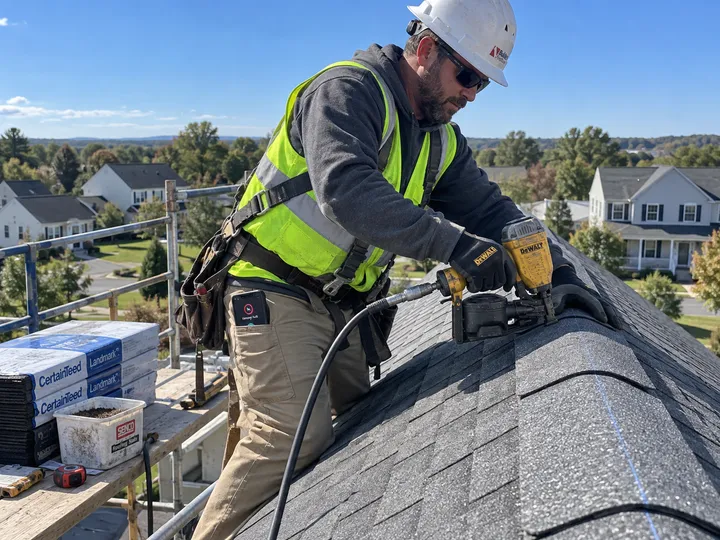 Roofer tearing off shingles while AI handles incoming phone call