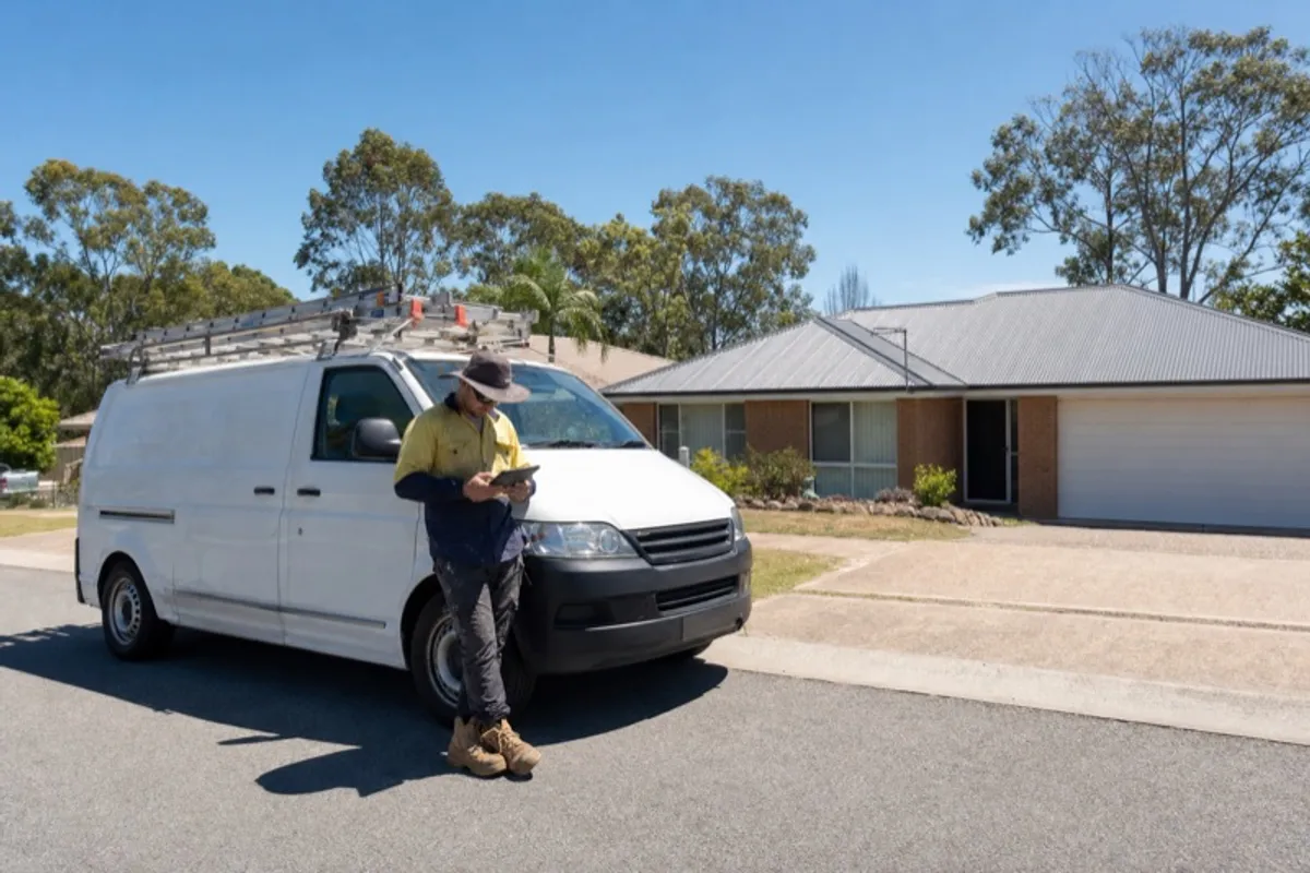 A roofer beside their work vehicle checking job-management software on a tablet outside a house.