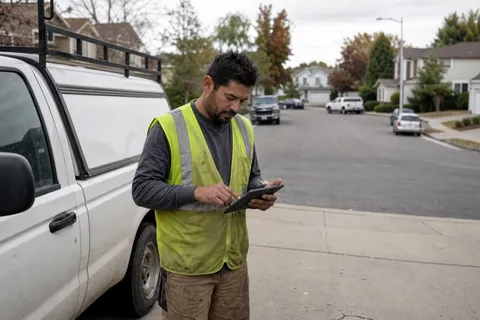 A roofer beside their work vehicle checking job-management software on a tablet outside a house.