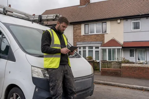 A roofer beside their work vehicle checking job-management software on a tablet outside a house.