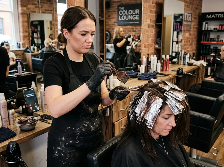 Hairstylist unable to answer phone while applying colour to a client