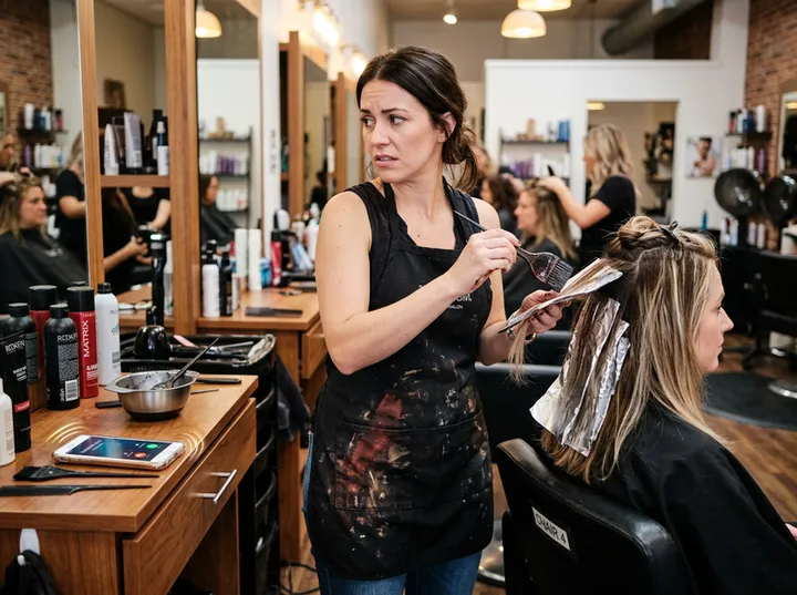Hair stylist unable to answer phone while applying color to a client