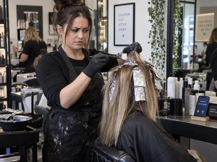 Hairstylist unable to answer phone while applying colour to a client