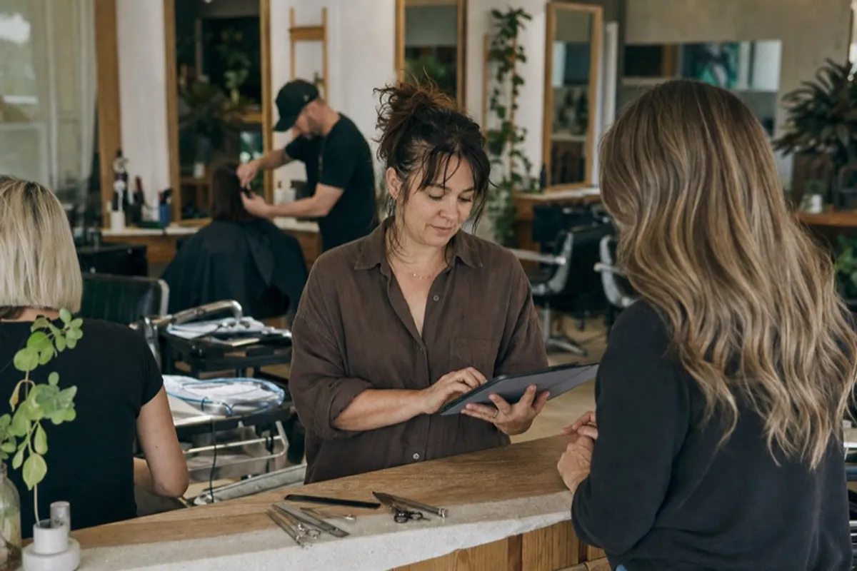 A salon owner checking the day appointments on a booking app at the front desk between clients