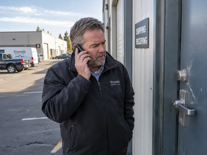 Business owner calling security company after break-in attempt