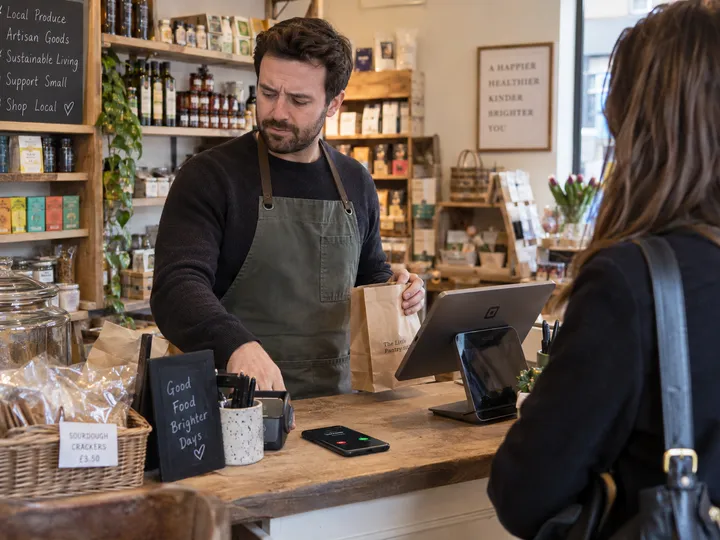 Small business owner unable to answer phone while serving a customer