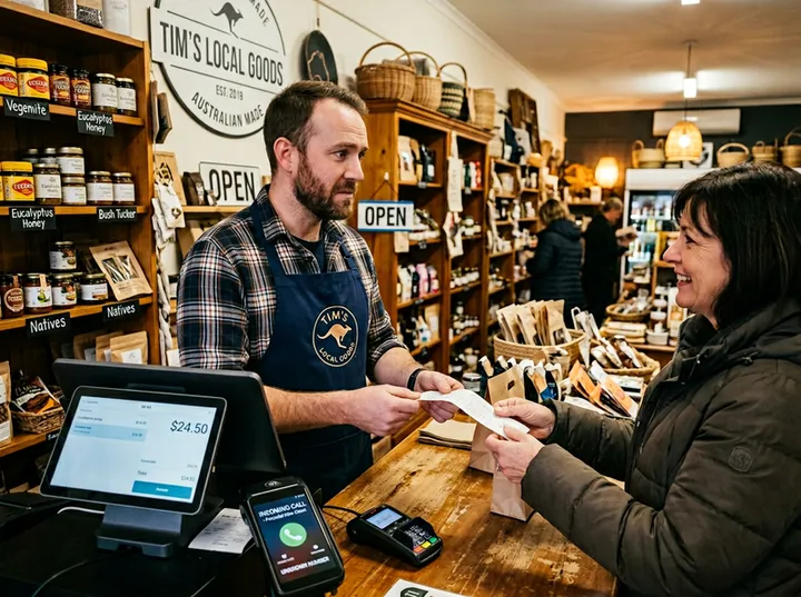 Small business owner unable to answer phone while serving a customer