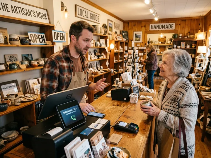 Small business owner unable to answer phone while serving a customer