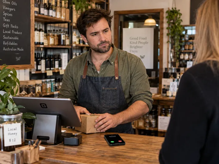 Small business owner unable to answer phone while serving a customer