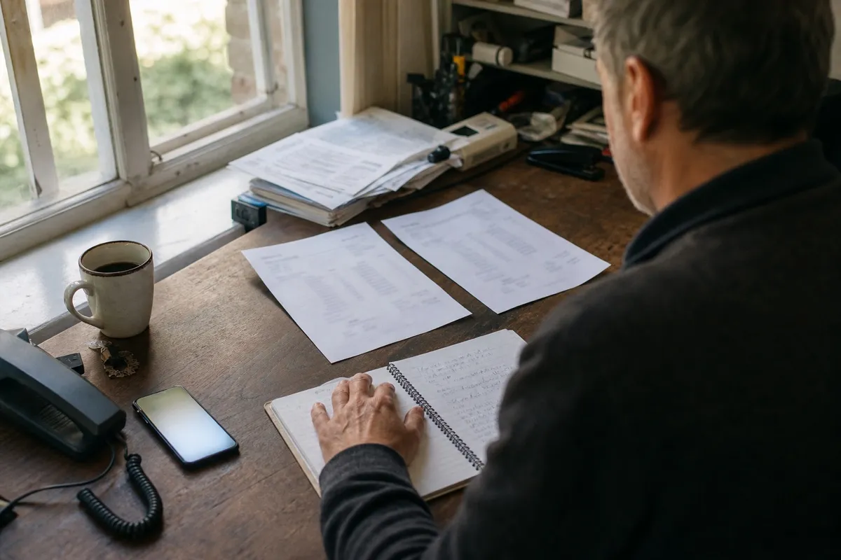 A small business owner at a desk comparing two printed answering service quotes side by side while a mobile phone lights up with an incoming call, weighing an AI receptionist against a human answering service.