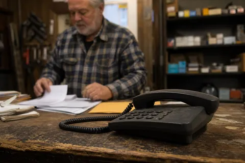 A small business owner busy with paperwork at a worn counter while a desk phone rings unanswered in the foreground.