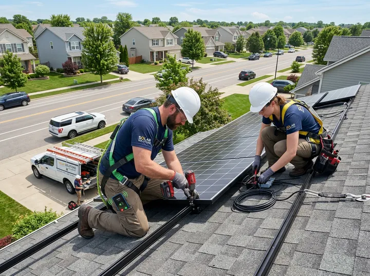 Solar installation team busy on rooftop while AI handles calls