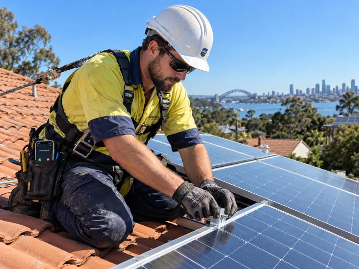 Solar installer unable to answer phone while fitting panels on a rooftop