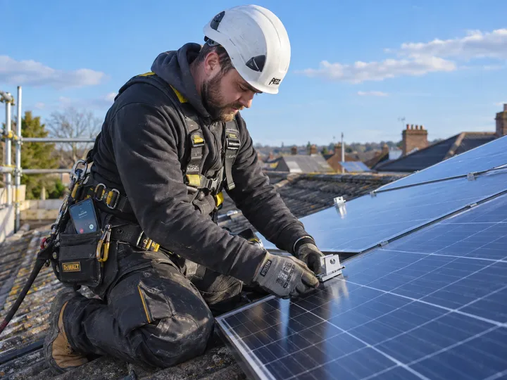Solar installer unable to answer phone while fitting panels on a rooftop