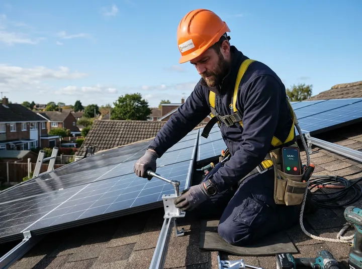 Solar installer unable to answer phone while fitting panels on a rooftop